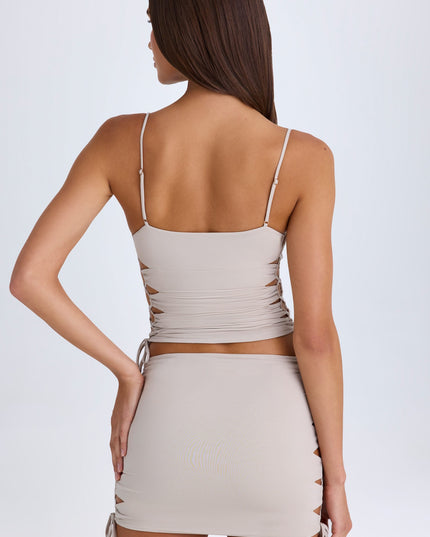 Taupe Ruched Cut-Out Mini Skirt