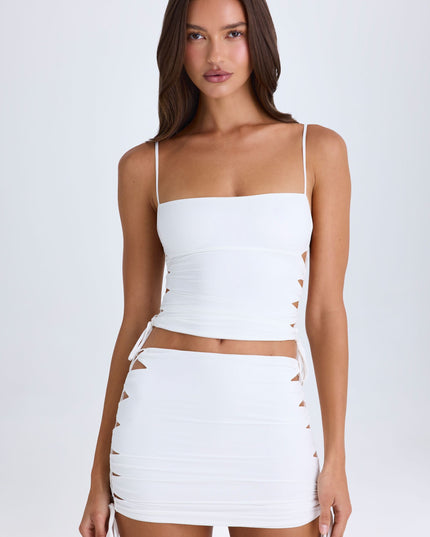White Ruched Cut-Out Mini Skirt