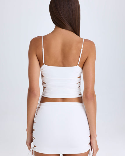 White Ruched Cut-Out Mini Skirt