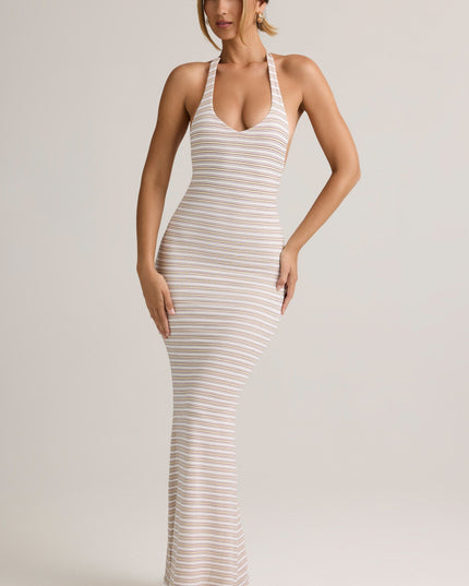 Pink Yellow Stripe Modal Halterneck Maxi Dress