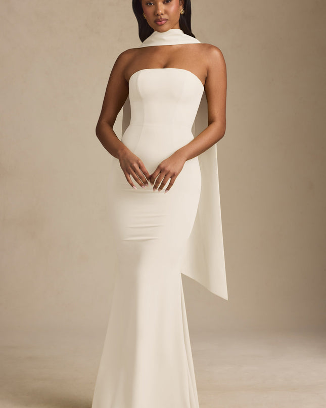 Ivory Scarf-Detail Strapless Gown