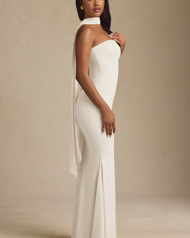 Ivory Scarf-Detail Strapless Gown