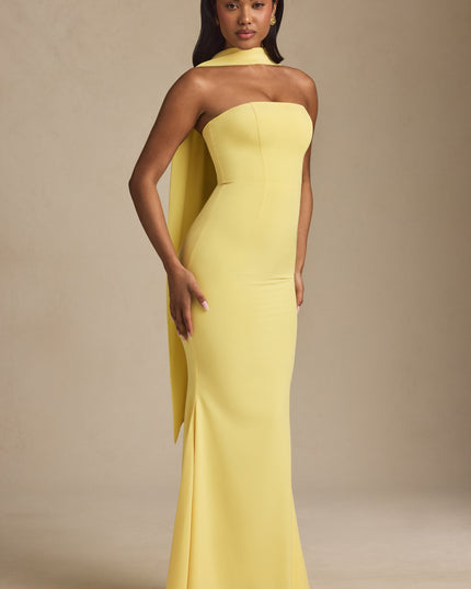 Pastel Yellow Scarf-Detail Strapless Gown