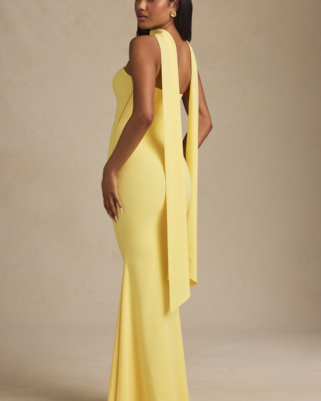 Pastel Yellow Scarf-Detail Strapless Gown