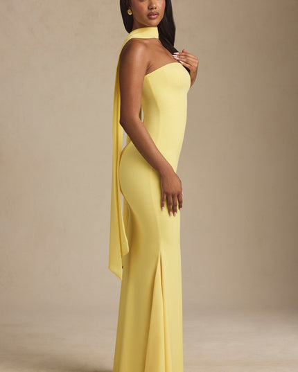 Pastel Yellow Scarf-Detail Strapless Gown