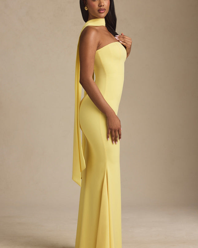 Pastel Yellow Scarf-Detail Strapless Gown