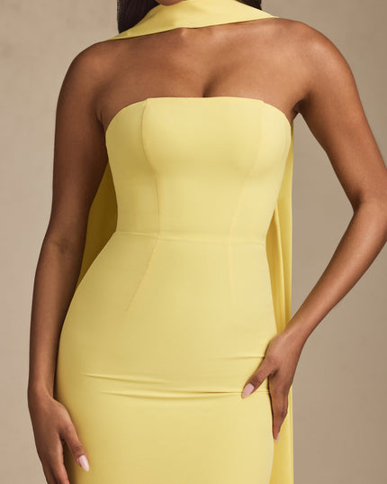 Pastel Yellow Scarf-Detail Strapless Gown