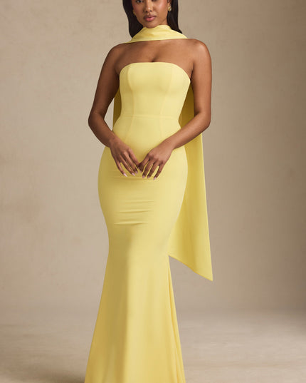Pastel Yellow Scarf-Detail Strapless Gown