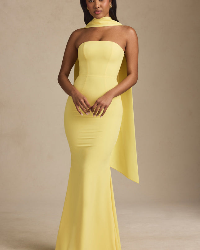 Pastel Yellow Scarf-Detail Strapless Gown