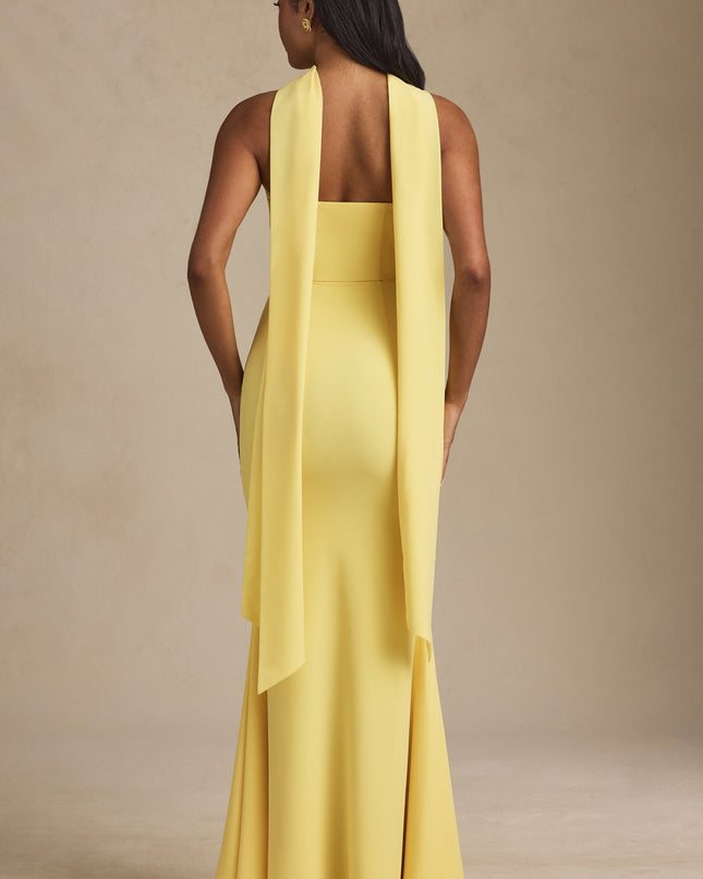 Pastel Yellow Scarf-Detail Strapless Gown