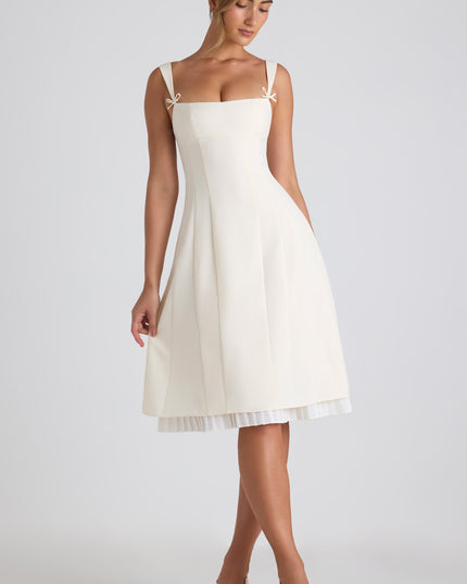 Ivory Bow-Detail Pleated A-Line Midi Dress