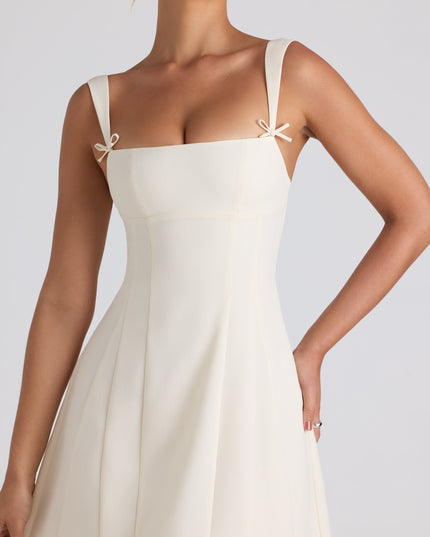 Ivory Bow-Detail Pleated A-Line Midi Dress