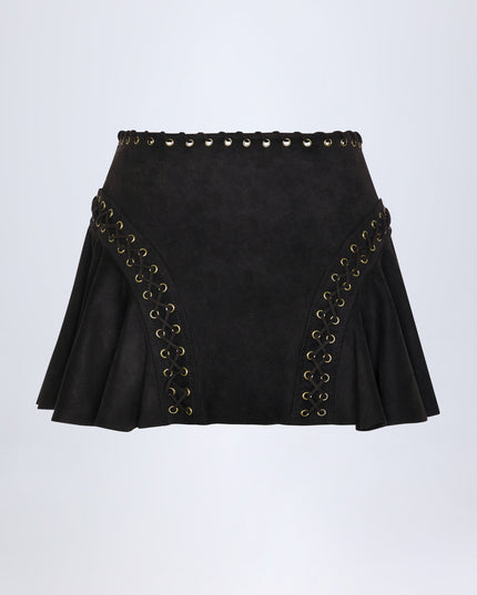 Black Lace-Up Mid-Rise Mini Skirt