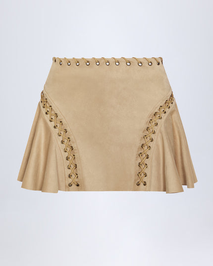 Tan Lace-Up Mid-Rise Mini Skirt