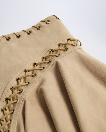 Tan Lace-Up Mid-Rise Mini Skirt