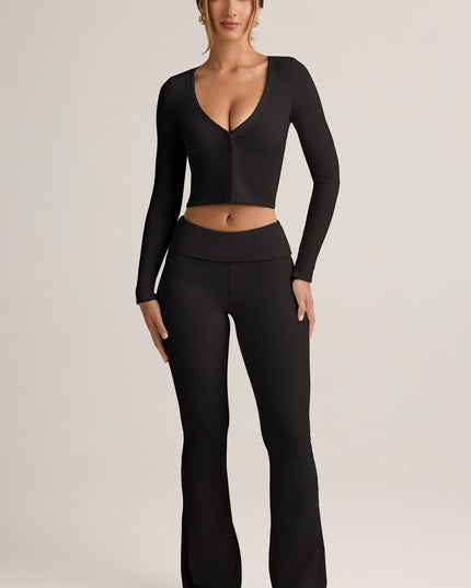 Black Modal Ribbed Foldover Flared Trousers