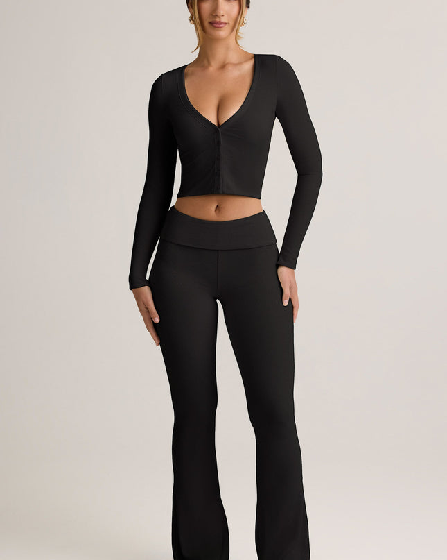 Black Modal Ribbed Foldover Flared Trousers