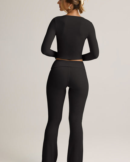 Black Modal Ribbed Foldover Flared Trousers