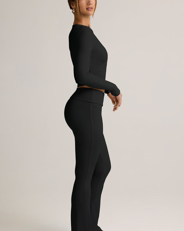 Black Modal Ribbed Foldover Flared Trousers