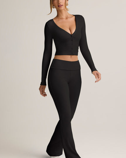 Black Modal Ribbed Foldover Flared Trousers