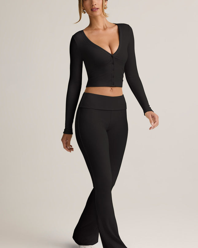 Black Modal Ribbed Foldover Flared Trousers