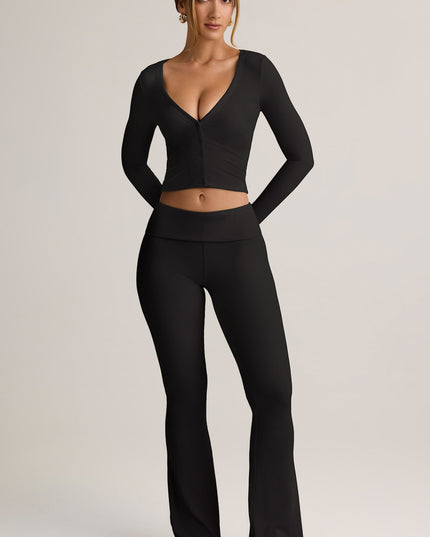 Black Modal Ribbed Foldover Flared Trousers
