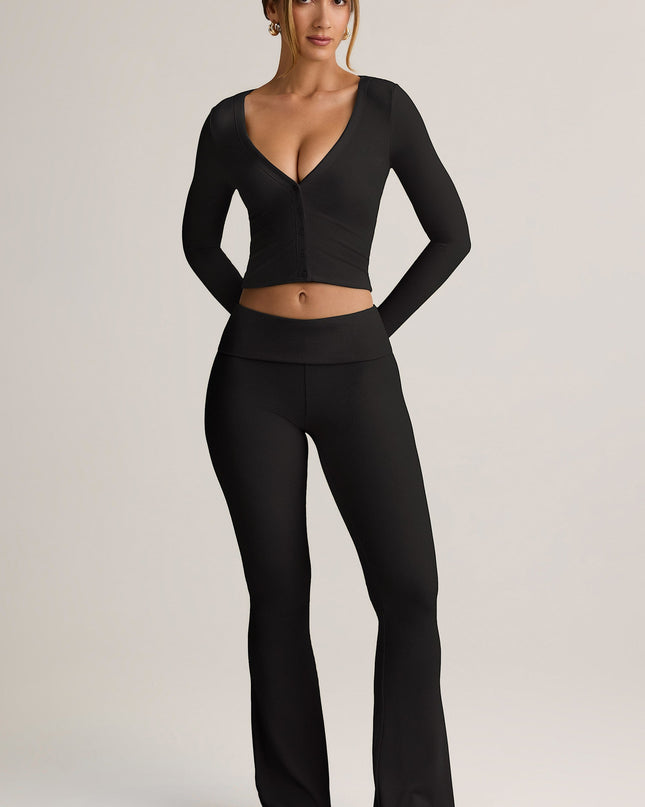 Black Modal Ribbed Foldover Flared Trousers