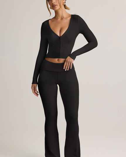 Black Modal Ribbed Foldover Flared Trousers