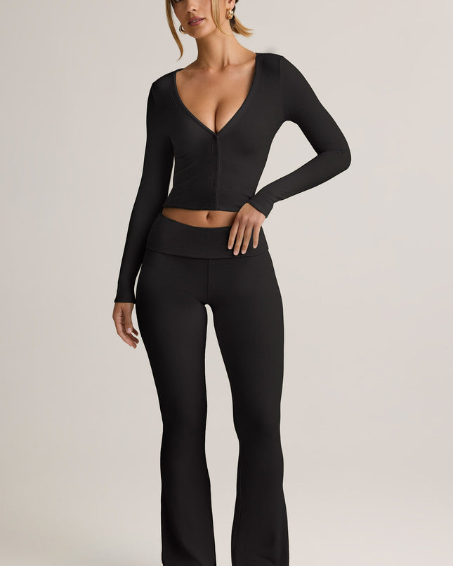 Black Modal Ribbed Foldover Flared Trousers