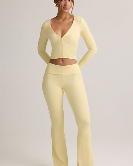 Buttercream Yellow Modal Ribbed Foldover Flared Trousers
