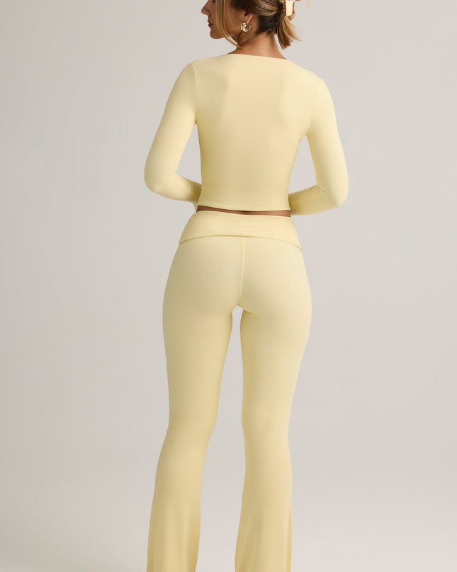 Buttercream Yellow Modal Ribbed Foldover Flared Trousers