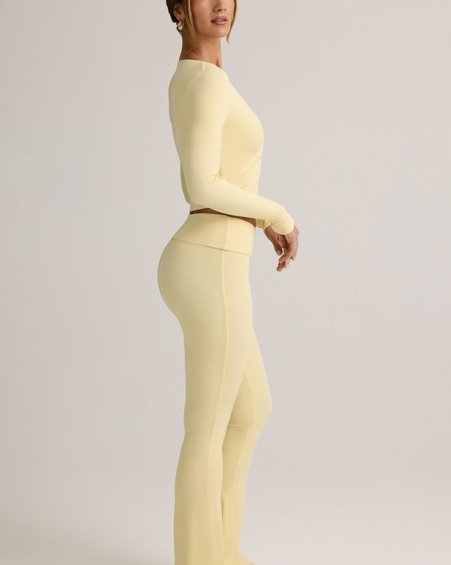 Buttercream Yellow Modal Ribbed Foldover Flared Trousers