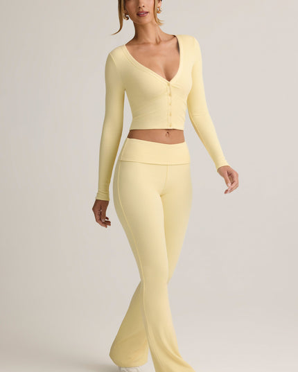 Buttercream Yellow Modal Ribbed Foldover Flared Trousers