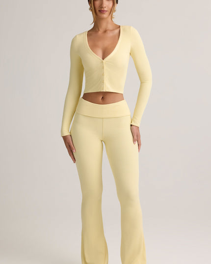Buttercream Yellow Modal Ribbed Foldover Flared Trousers