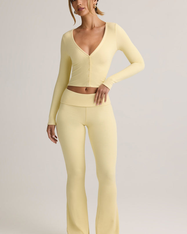 Buttercream Yellow Modal Ribbed Foldover Flared Trousers