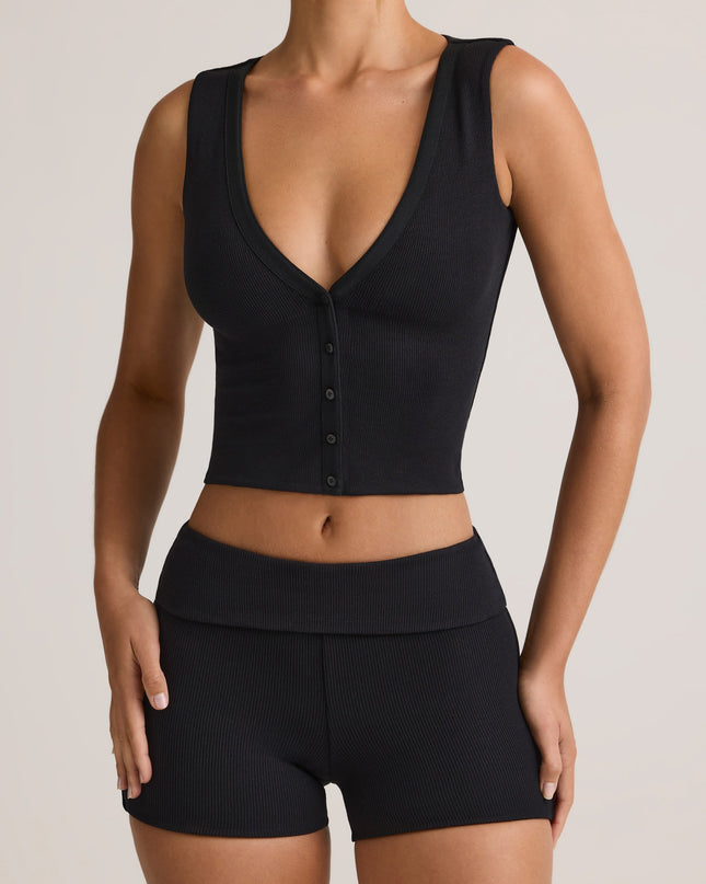 Black Modal Ribbed Button-Up Vest Top