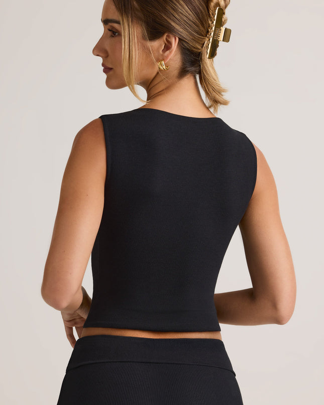 Black Modal Ribbed Button-Up Vest Top