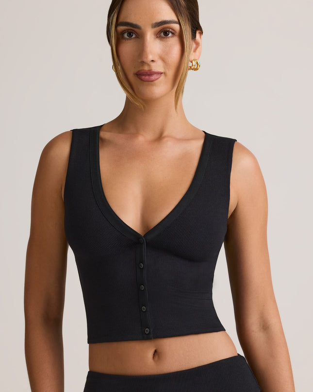 Black Modal Ribbed Button-Up Vest Top