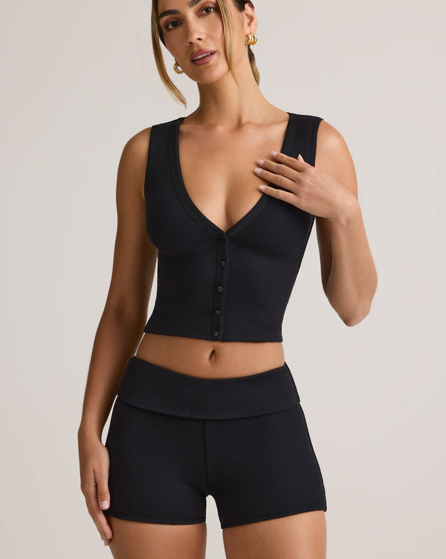 Black Modal Ribbed Button-Up Vest Top