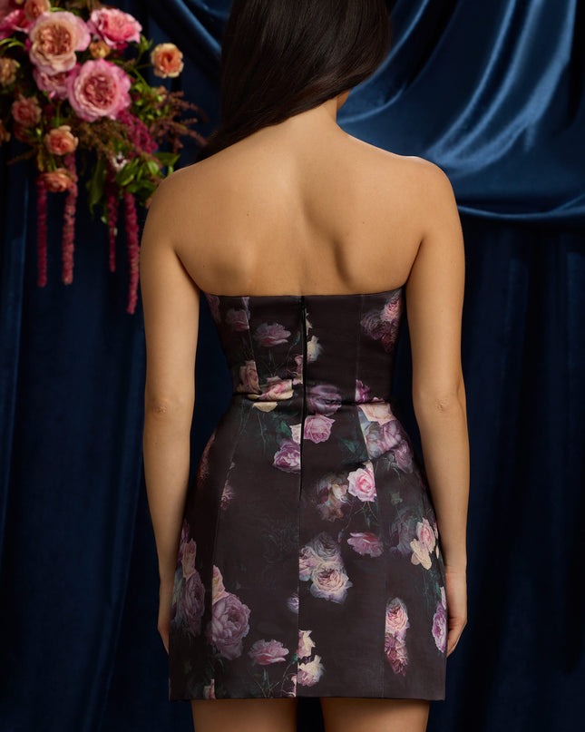 Black Floral Print Strapless Structured Tulip Mini Dress