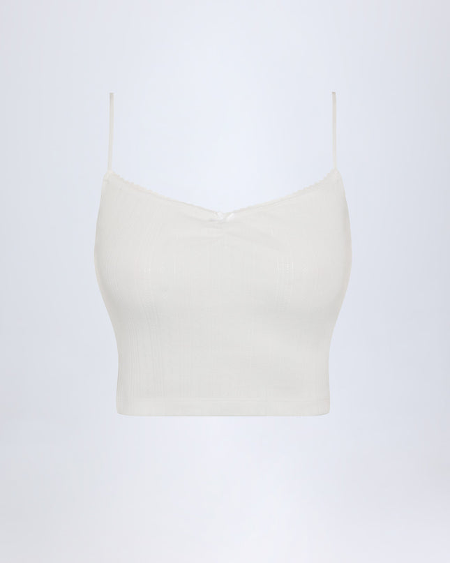White Pointelle Ruched Camisole Crop Top