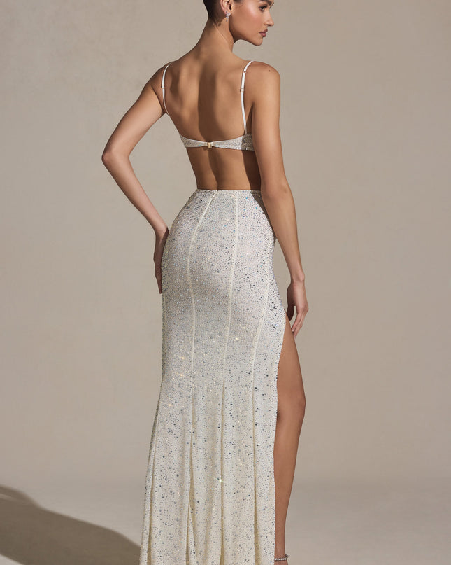 White Embellished Cut-Out Fishtail Maxi Dress
