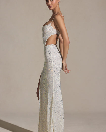 White Embellished Cut-Out Fishtail Maxi Dress