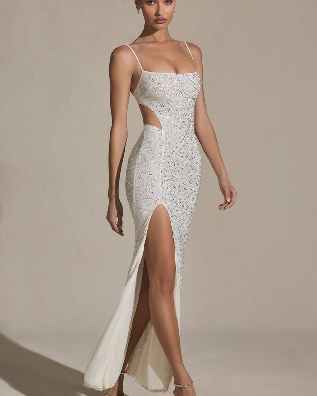 White Embellished Cut-Out Fishtail Maxi Dress