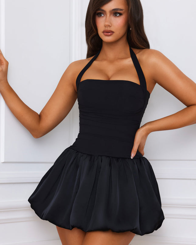 Black Halterneck Lace-Up Bubble Hem Corset Micro Mini Dress