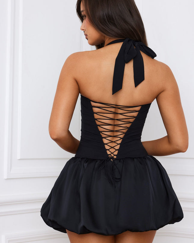 Black Halterneck Lace-Up Bubble Hem Corset Micro Mini Dress