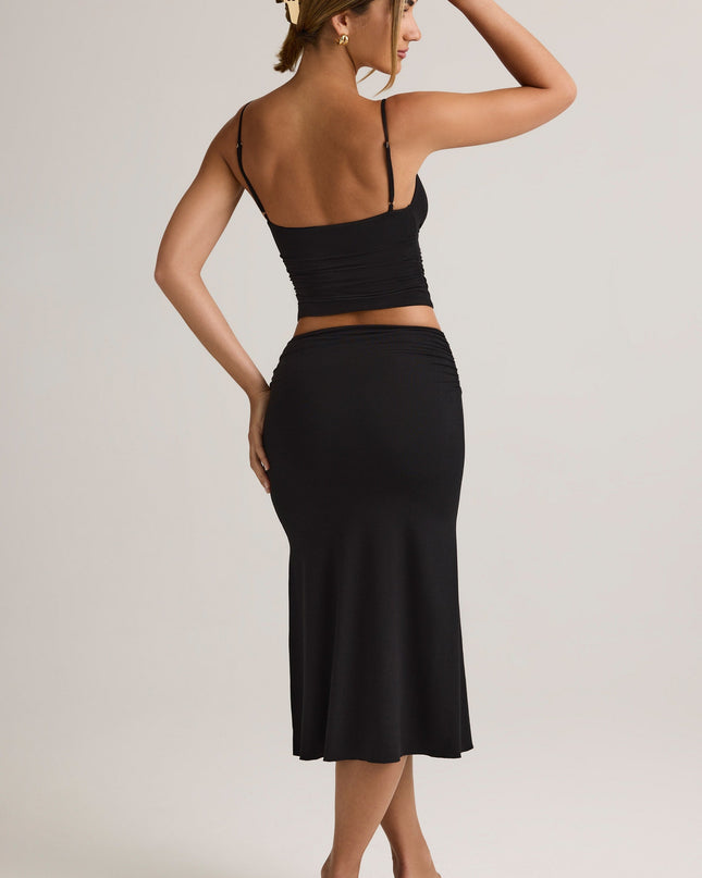 Black Modal Ruched Mid-Rise Midaxi Skirt