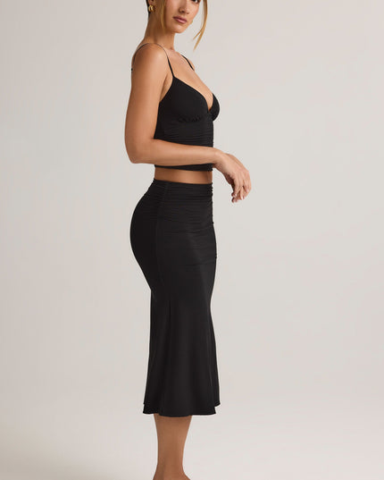 Black Modal Ruched Mid-Rise Midaxi Skirt