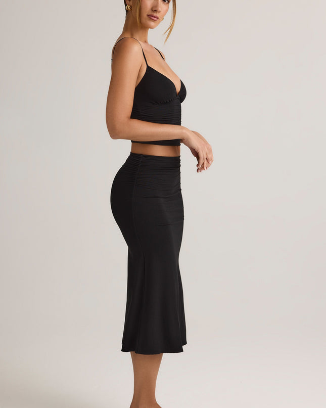 Black Modal Ruched Mid-Rise Midaxi Skirt