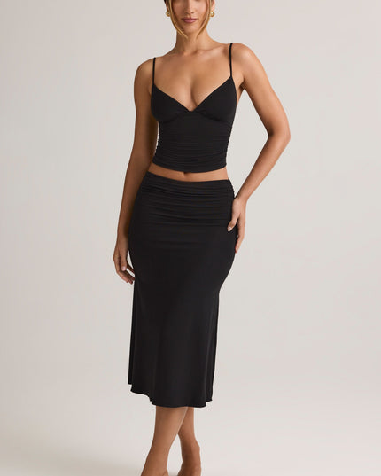 Black Modal Ruched Mid-Rise Midaxi Skirt